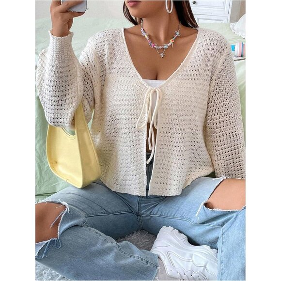 Women's Plus Size Crochet Front Tie Cardigan Lightweight Knit Fall Wear - Picture 5 of 5